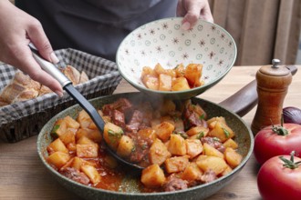 Homemade stew with potatoes and meat, cooked in a frying pan, is served on a plate
