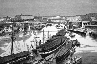 Military harbour or naval port of Brest on the Atlantic Ocean, warships, tall ships, cityscape,
