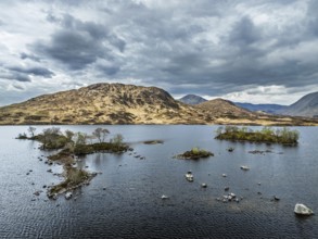 Rannoch Moor from a drone over Loch Ba and Loch of the Armpit, A82 Highland Way, Argyll and Bute,