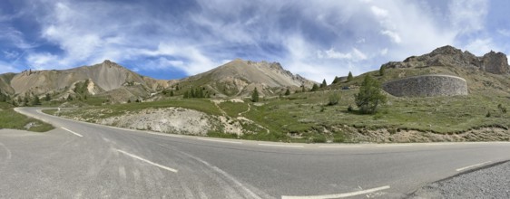 Panoramic view of pass road Mountain road on northern ramp Northern ascent Descent in front of pass