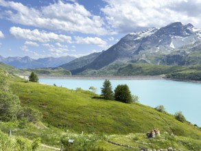View of barrage dam with 1400 metre crest length in the eastern part southeast of Lac du Mont