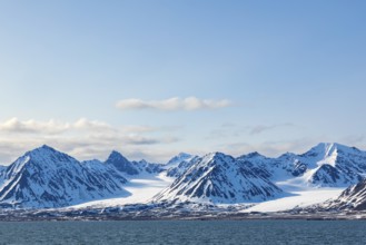 Mountain tops, snow, sea, Smeerenburg, Spitsbergen, Svalbard