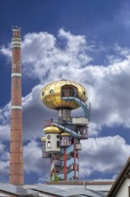 Chimney and tower of the Kuchlbauer brewery designed by Friedensreich Hunderwasser, Römerstr, 5-9,