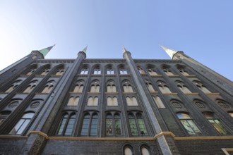 Black Gothic north side of town hall, Brick Gothic, Brick building, view upwards, perspective,