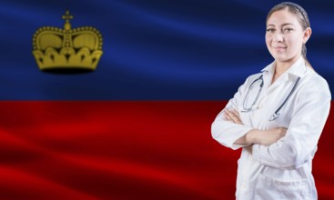 Female doctor on Liechtenstein flag. Doctor with crossed arms on Liechtenstein flag. Liechtenstein
