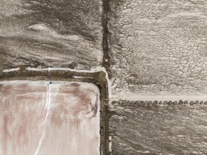 Saline ponds at the salt works of Walvis Bay. Aerial view. Drone shot. Namibia