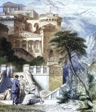 Life in ancient Rome, woman on the garden terraces, c. 400 AD, Italy, digital reproduction of a