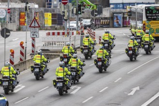 Police motorbike squadron driving through the construction sites of Stuttgart. Stuttgart,
