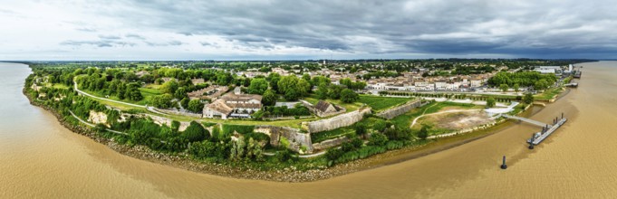 Panorama of Citadel of Blaye from a drone, Blaye, Gironde Estuary, France