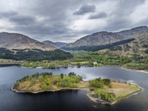 Loch Shiel from a drone, Glenfinnan, River Finnan, West Highland, Scotland, United Kingdom