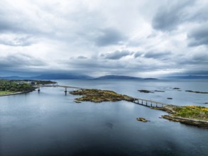Skye Bridge over Loch Alsh from a drone, Kyle of Lochalsh, Isle of Skye, Scotland, England, United