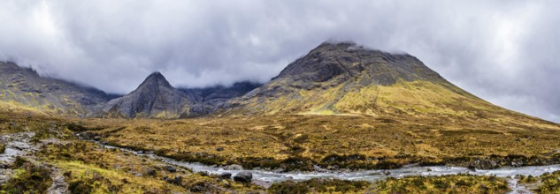 Panorama of Fairy Pools and Waterfalls, Glen Brittle, Black Cuillin, Isle of Skye, Scotland, UK