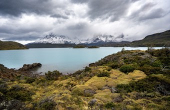 Cloudy mountain range Cuernos del Paine, shore of the blue lake Lago Pehoe in the evening light,