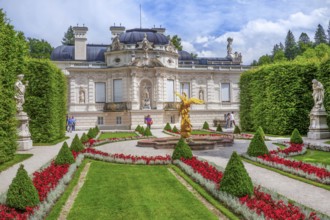 Baroque garden parterre with west side of Linderhof Palace, Ettal, Ammertal, Upper Bavaria,