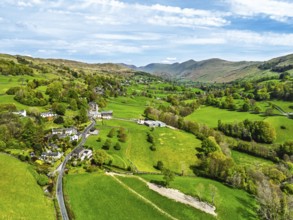 Farms and Fields from a drone, Townend house, Troutbeck, Windermere, Lake District, Cumbria, UK