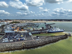 Royan ferry from a drone, Royan, Nouvelle-Aquitaine, Charente-Maritime, France