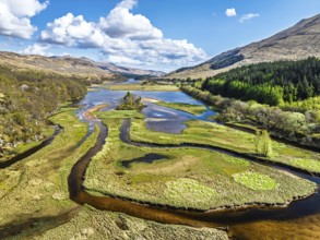 Loch Dochart and River Fillan from a drone, Highlands, Scotland, United Kingdom