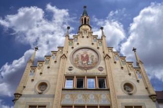 Gable of the historic Heilig Geist hospital, mentioned in the 13th century, neo-Gothic façade in