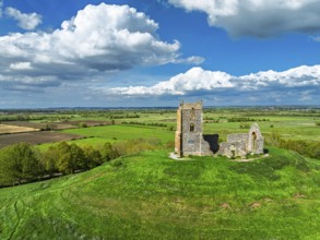 Burrow Mump from a drone, Southlake Moor, Burrowbridge, Taunton, Somerset, England, United Kingdom