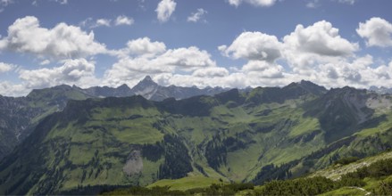 Mountain panorama from the Koblat high trail on the Nebelhorn over the Obertal valley with lush