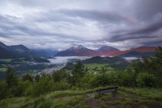 Marxenhöhe near Berchtesgaden with Watzmann view in the morning mist after the rain