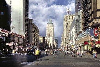 Street with the One Worldwide Plaza, residential complex in Manhattan New York City, USA