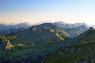 View from Mount Gantrisch, sunset over the Bernese and Fribourg Pre-Alps, Canton of Bern,