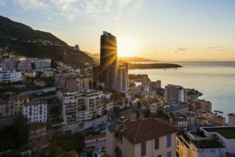 Panorama, Skyline with skyscrapers by the sea, Sunrise, Monte Carlo, Cote d'Azur, Monaco