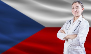 Female doctor on Czech Republic flag. Doctor with crossed arms on Czech Republic flag. Czech