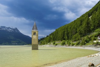 Bell tower of the former parish church of St Catherine in the sunken village of Alt-Graun in Lake