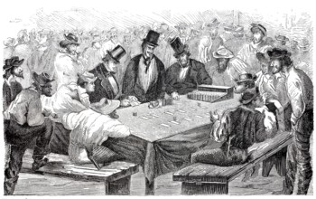 Men gambling with cards at a gaming table, 1870, England, digitally enhanced reproduction from a