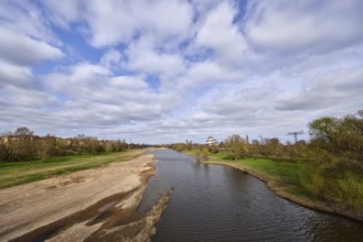 Old Elbe, oxbow, river, riverbank, trees, meadow, blue sky, cumulus clouds, Magdeburg, state