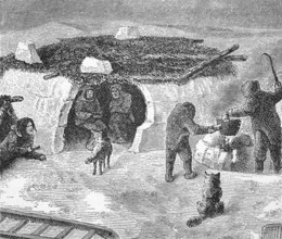 Building and Eskimo, Innuit, hut during the spring snowmelt, around 1870, Canada, digital