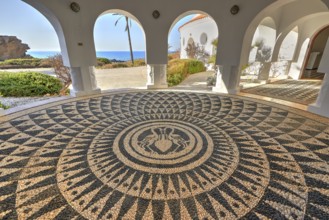 An artistically designed mosaic floor in a round room with a view, Kalithea, Kallithea, thermal
