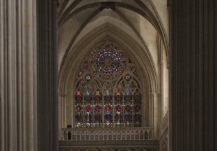 Interior view, stained glass window, coloured church windows, Cathédrale Notre-Dame de Bayeux,