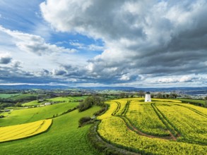 Rapeseed Fields and Farms over Torquay from a drone, Devon, England, United Kingdom