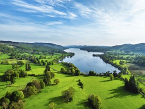 Farms over Coniston Water from drone, Lake District National Park, Cumbria, UK