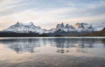 Cuernos del Paine mountain range at sunset, reflection in Lago Pehoe, Torres del Paine National