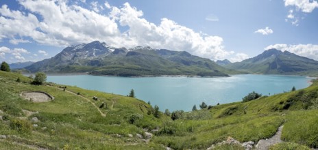 Panoramic view of Jardin Alpin in the foreground, Lac du Mont Cenis reservoir behind, Mont Cenis