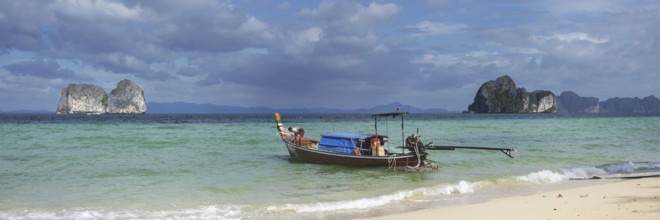 Longtail boat on the beach, Koh Ngai Island, Andaman Sea, Satun Province, Southern Thailand,