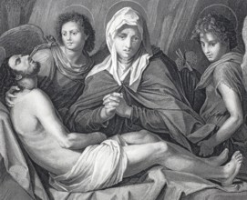 The Entombment of Christ, pictorial type of Western Christian iconography. Steel engraving after a