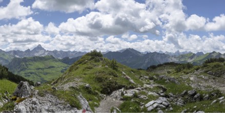 Mountain panorama from the Koblat high trail on the Nebelhorn over the Obertal valley with lush
