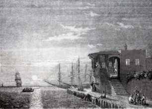 Turkish coffee house at the harbour of Rhodes in the evening, in 1870, Greece, digitally enhanced
