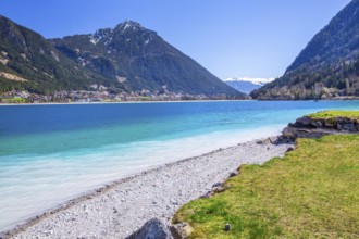 Lakeshore with bright water colours, Pertisau, Achensee, Tyrolean Alps, Tyrol, Austria