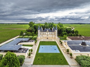 Chateau Pichon Longueville Baron Vineyard and grape fields around Pauillac from a drone, Bordeaux,