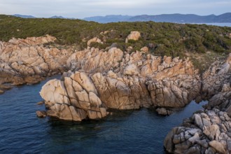 Aerial view, rocky coast near Porto Pollo, Corsica, France