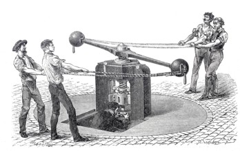 Worker at a mint, coin minting block, moved by human power, 1860, England, digitally enhanced