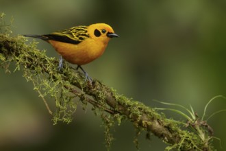 Golden Tanager (Tangara arthus) perched on a branch in the Andes mountains of Colombia