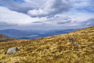 View from Nevis Range Mountains, Grampian Mountains, Fort William, Highland, Lochaber, Scotland, UK