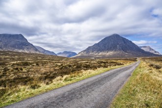 Mountains and Moors over Glen Etive Valley, Glencoe, Highlands, Scotland and Buachaille Etive Mòr,